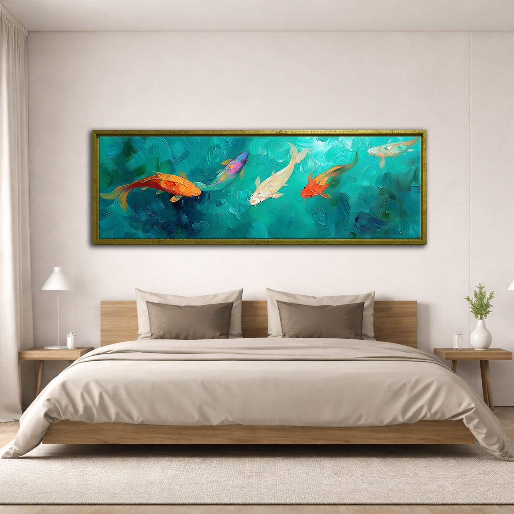 Koi Fish in Turquoise Water canvas wall art, antique gold floating frame