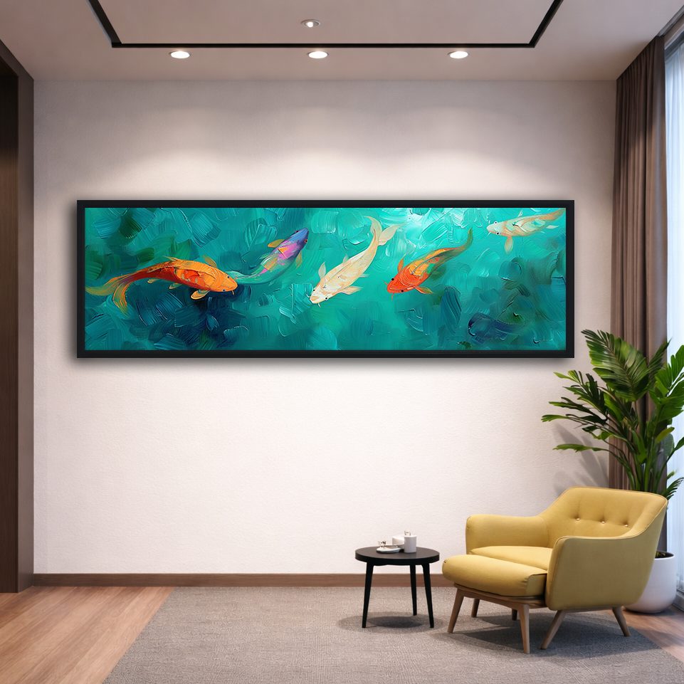 Koi Fish in Turquoise Water canvas wall art, black floating frame