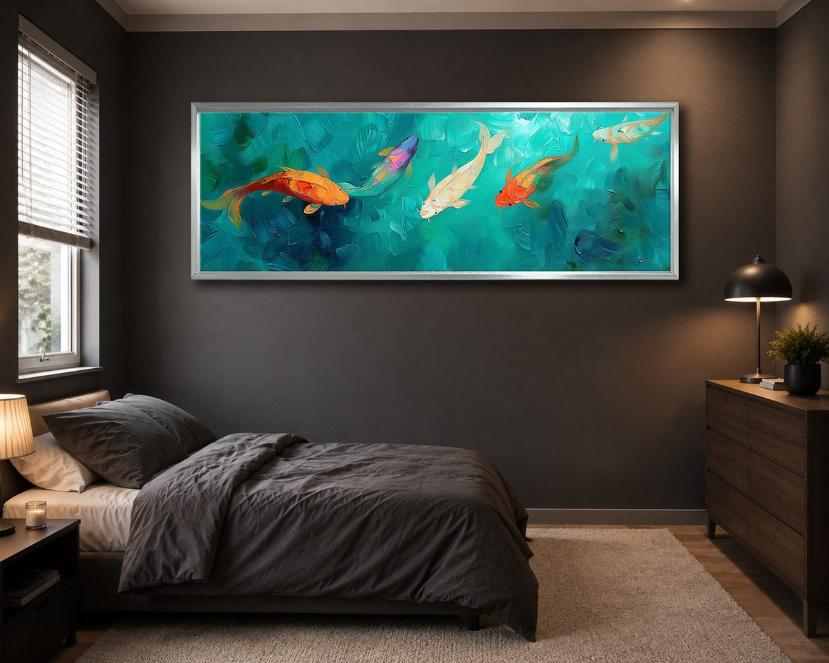 Koi Fish in Turquoise Water canvas wall art, silver floating frame