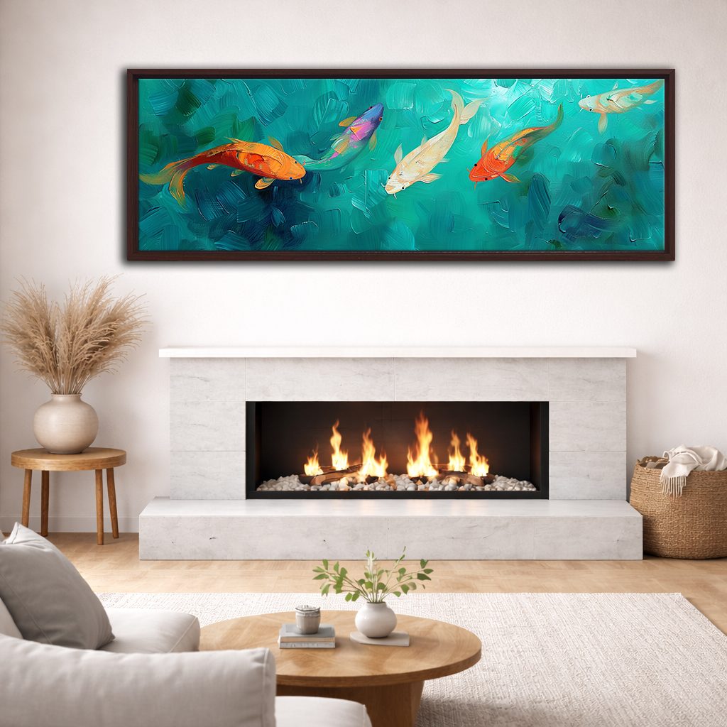 Koi Fish in Turquoise Water canvas wall art, walnut floating frame