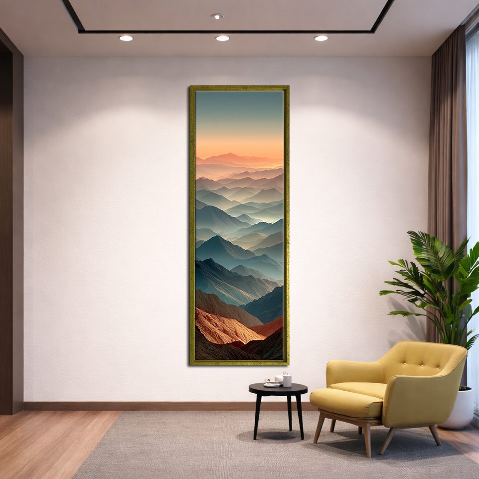 Layered Mountains at Dusk canvas wall art, gold floating frame