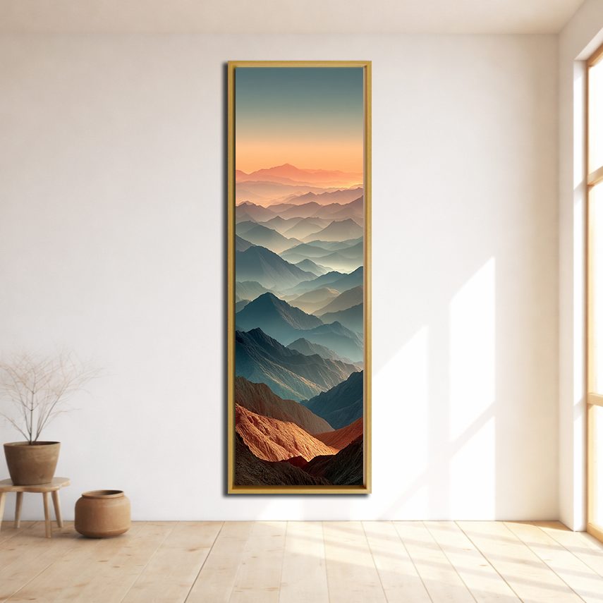 Layered Mountains at Dusk canvas wall art, natural wood floating frame
