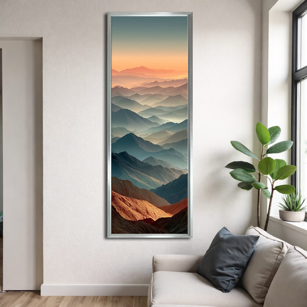 Layered Mountains at Dusk canvas wall art, silver floating frame
