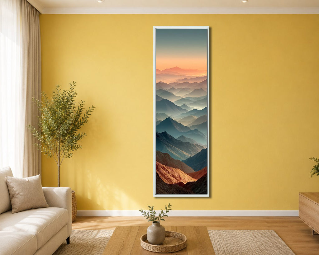 Layered Mountains at Dusk canvas wall art, white floating frame