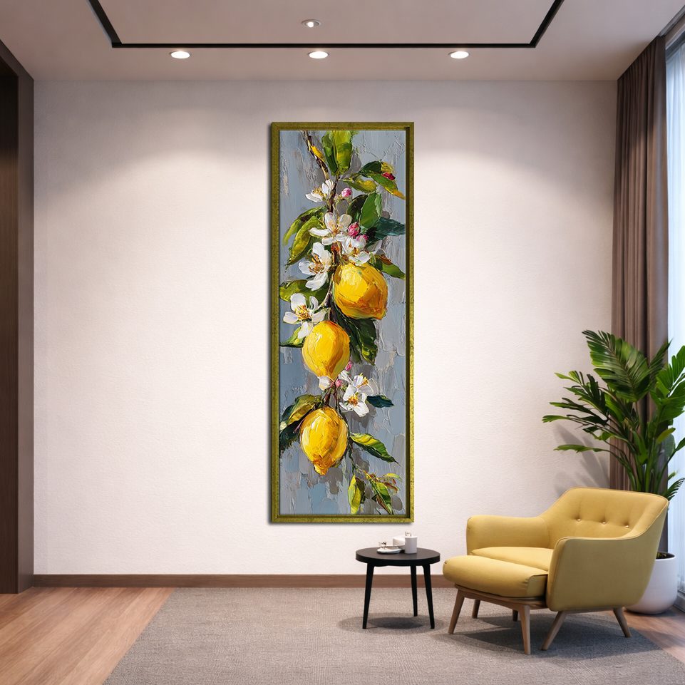 Lemon Branch with White Blossoms canvas wall art, gold floating frame