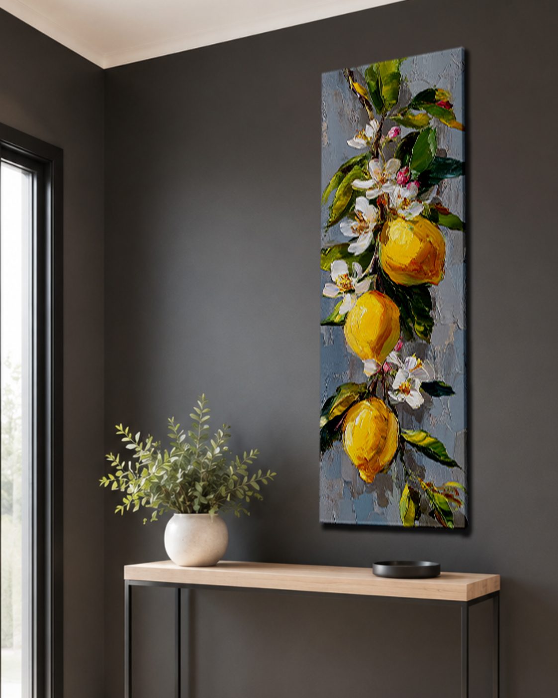Lemon Branch with White Blossoms canvas wall art, unframed canvas