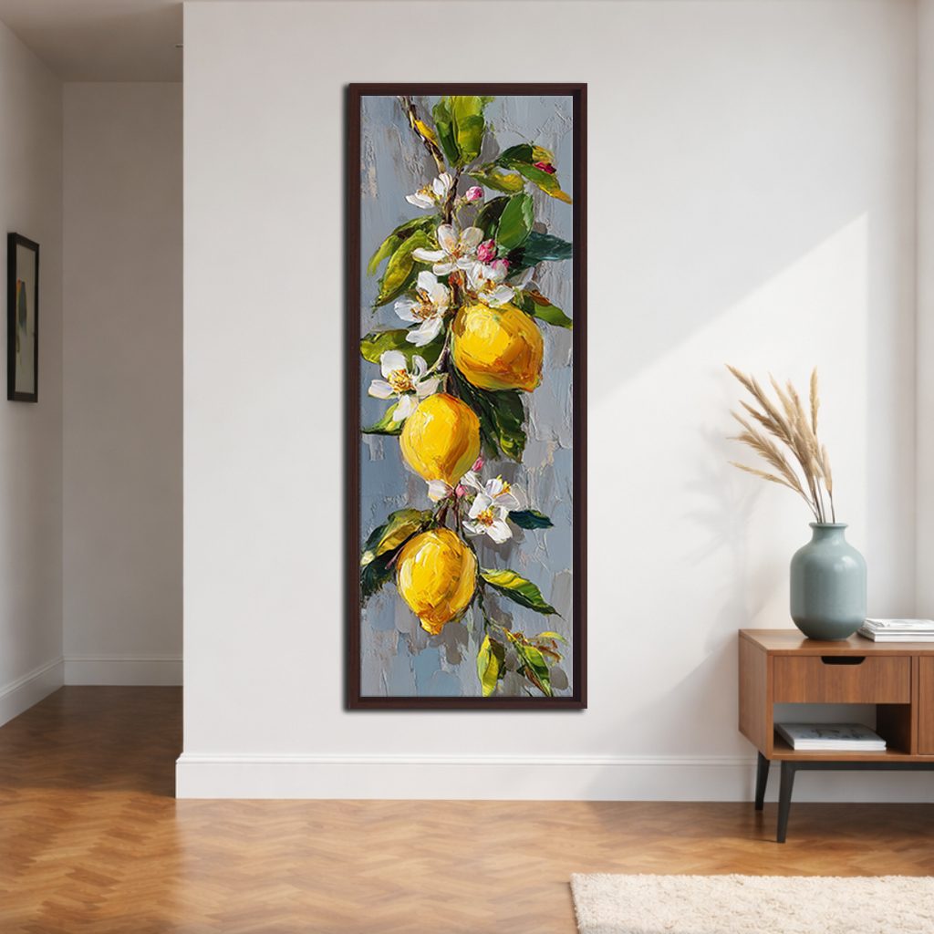 Lemon Branch with White Blossoms canvas wall art, walnut floating frame