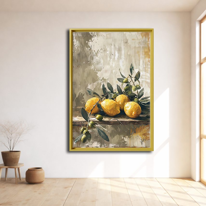 Lemons and Olive Branch Still Life canvas wall art, natural wood floating frame