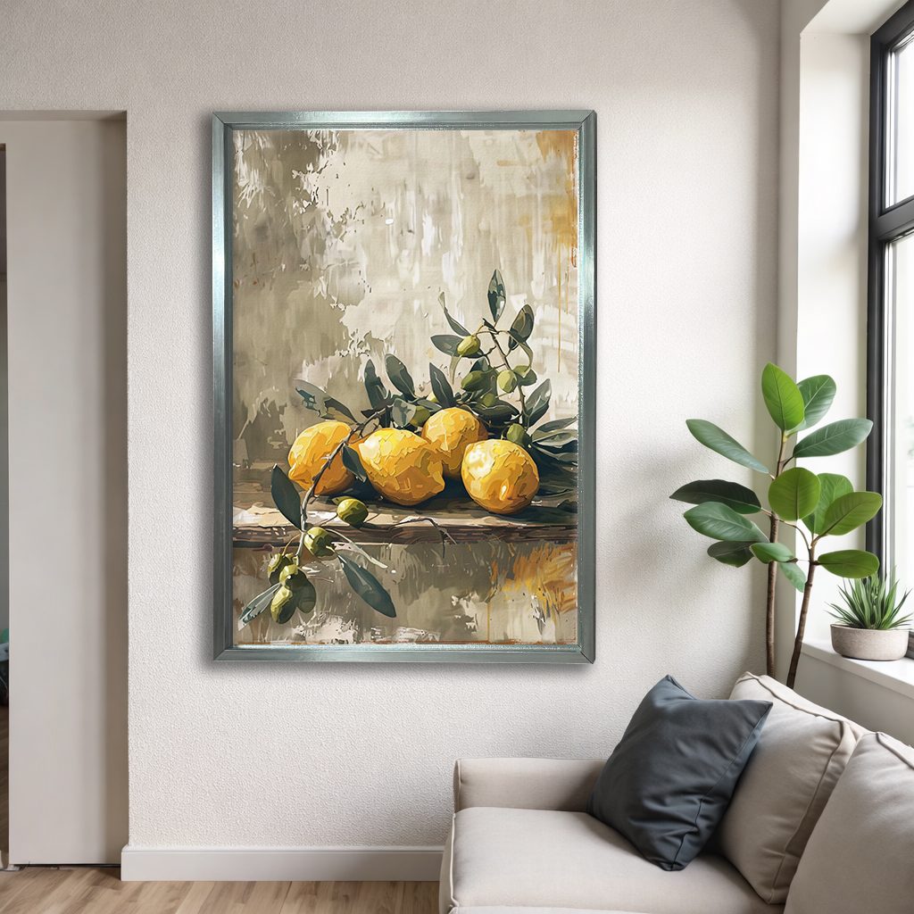 Lemons and Olive Branch Still Life canvas wall art, silver floating frame