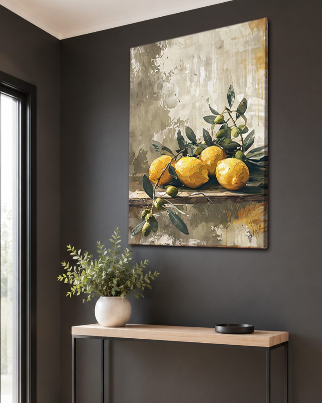 Lemons and Olive Branch Still Life canvas wall art, unframed canvas