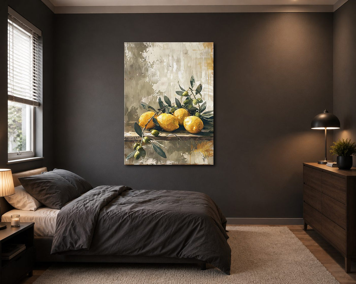Lemons and Olive Branch Still Life canvas wall art, unframed canvas