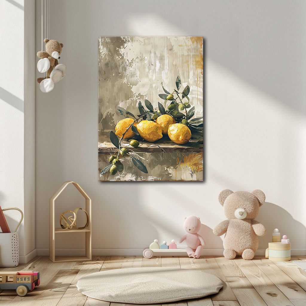 Lemons and Olive Branch Still Life canvas wall art, unframed canvas