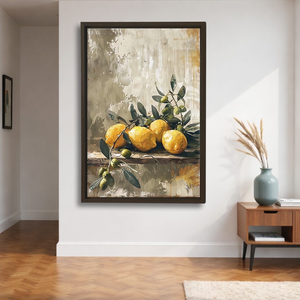 Lemons and Olive Branch Still Life canvas wall art, walnut floating frame