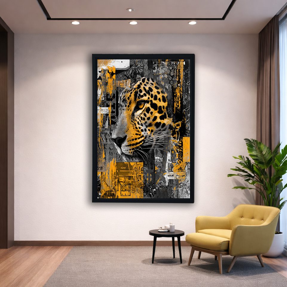 Leopard Collage in Gold and Gray canvas wall art, black floating frame