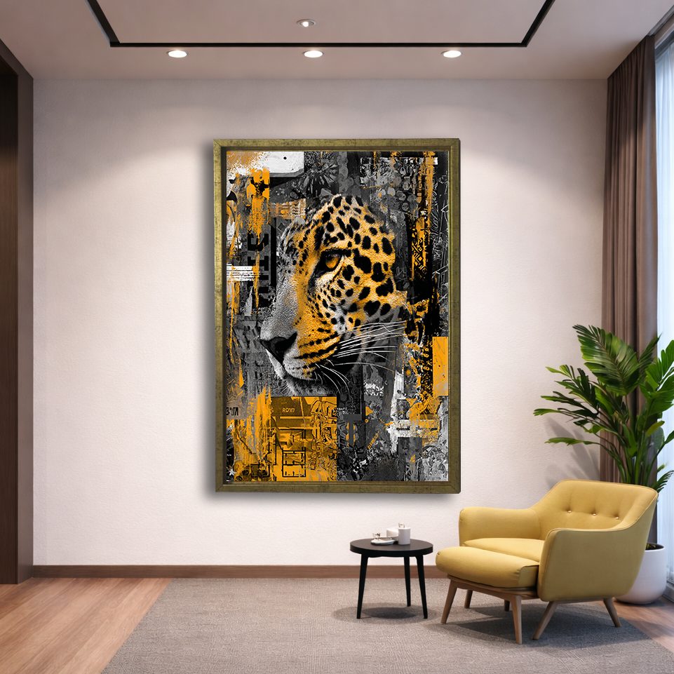 Leopard Collage in Gold and Gray canvas wall art, gold floating frame