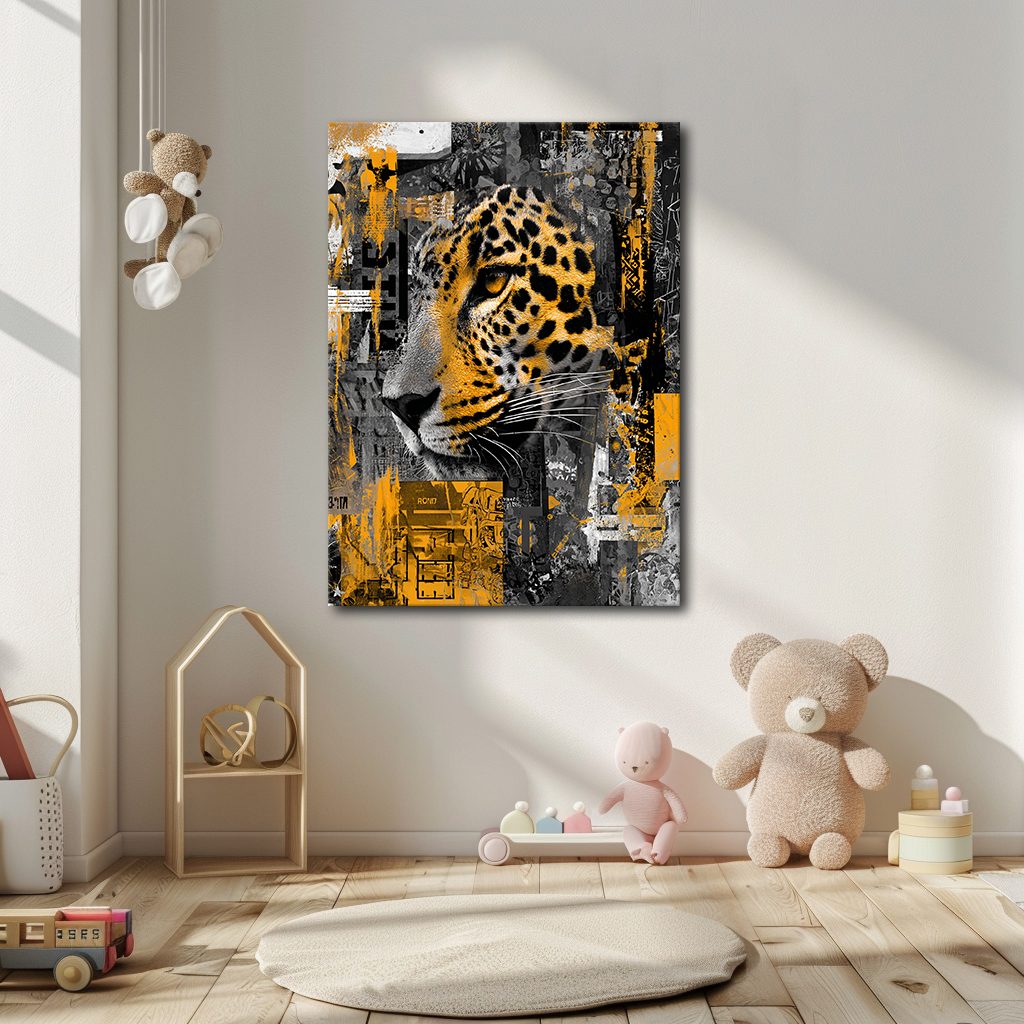 Leopard Collage in Gold and Gray canvas wall art, unframed canvas