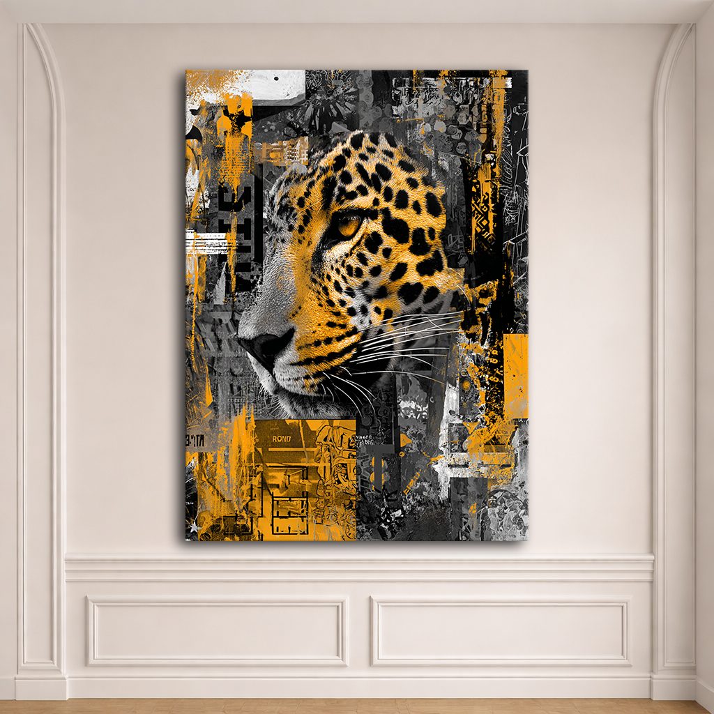 Leopard Collage in Gold and Gray canvas wall art, unframed canvas