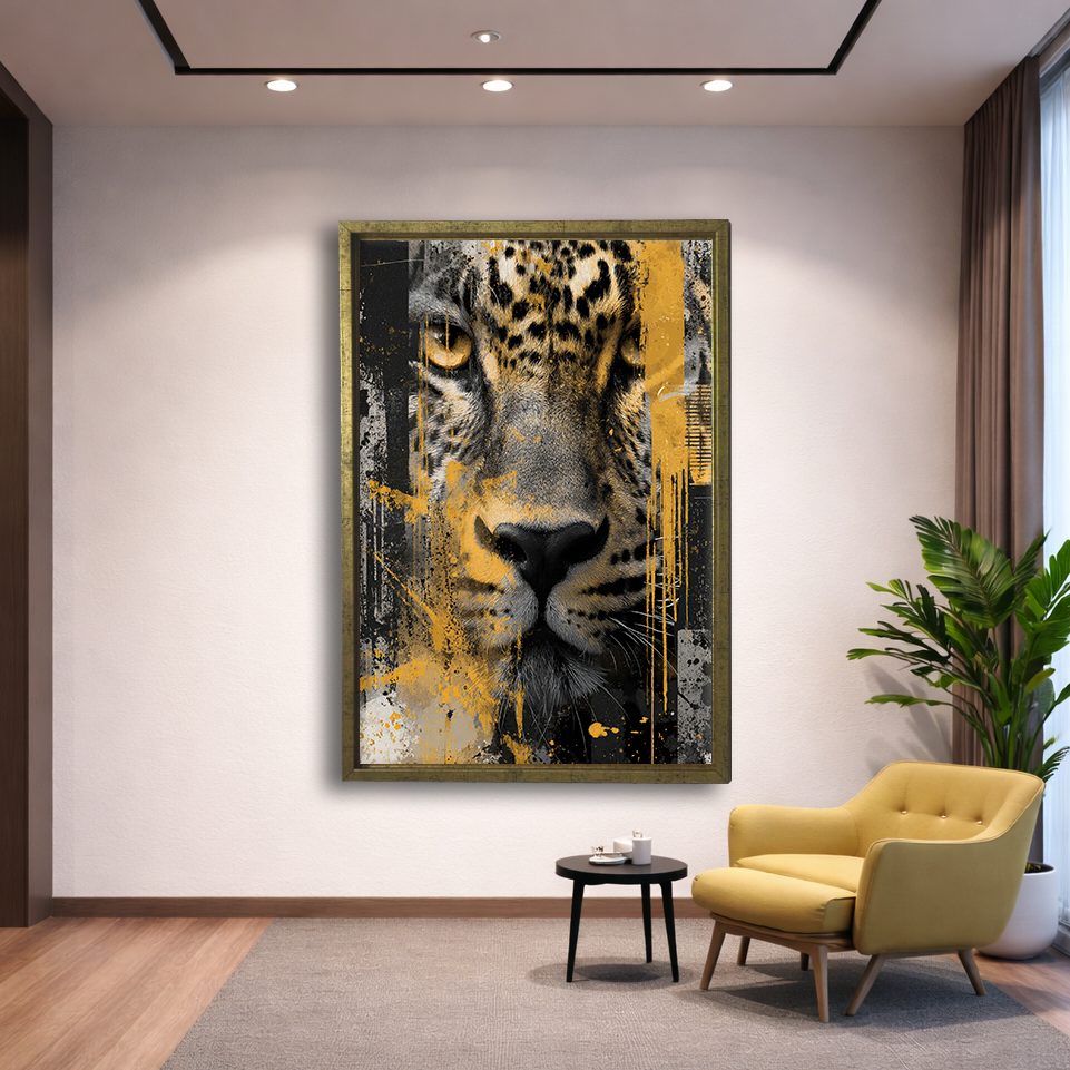 Leopard Face Mixed Media Collage canvas wall art, gold floating frame
