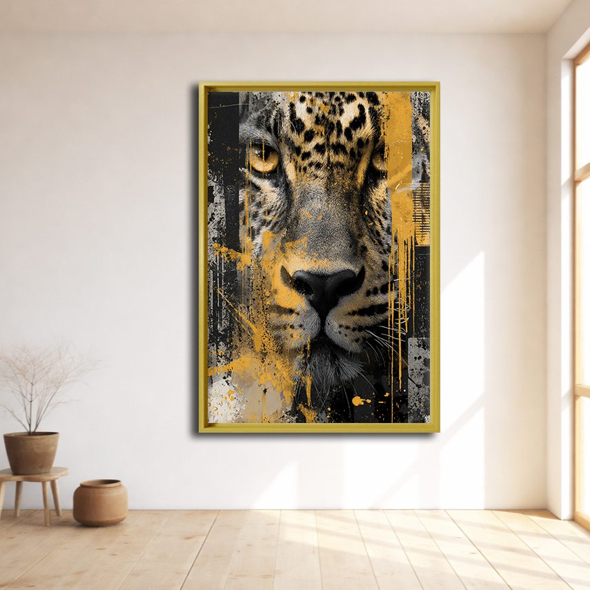 Leopard Face Mixed Media Collage canvas wall art, natural wood floating frame
