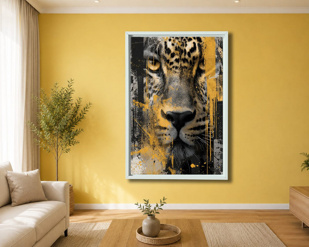 Leopard Face Mixed Media Collage canvas wall art, white floating frame
