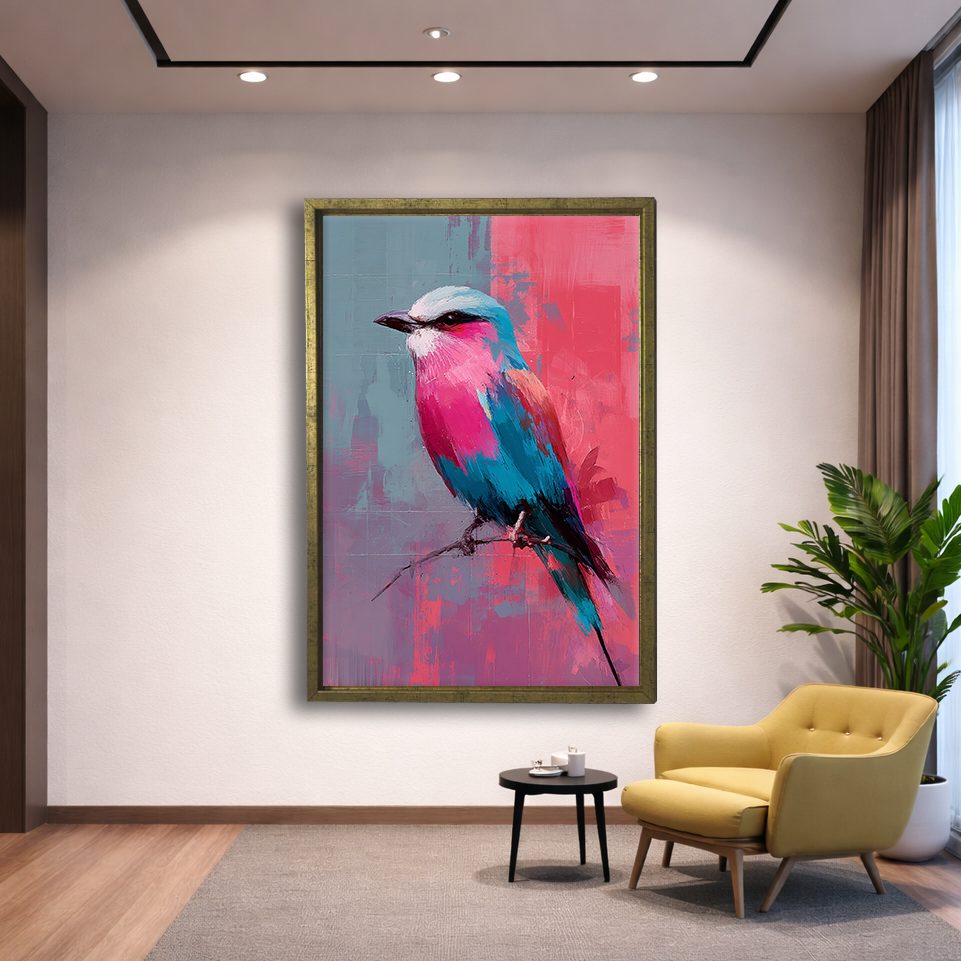Lilac-Breasted Roller Bird on Pink canvas wall art, gold floating frame