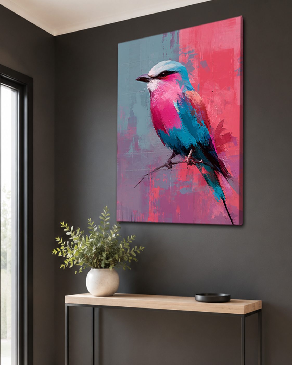Lilac-Breasted Roller Bird on Pink canvas wall art, unframed canvas