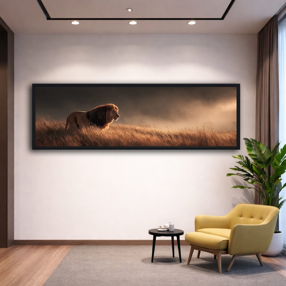 Lion in Golden Grass canvas wall art, black floating frame