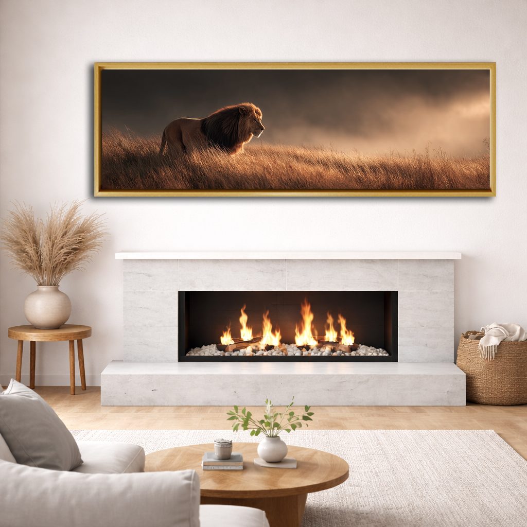 Lion in Golden Grass canvas wall art, natural wood floating frame