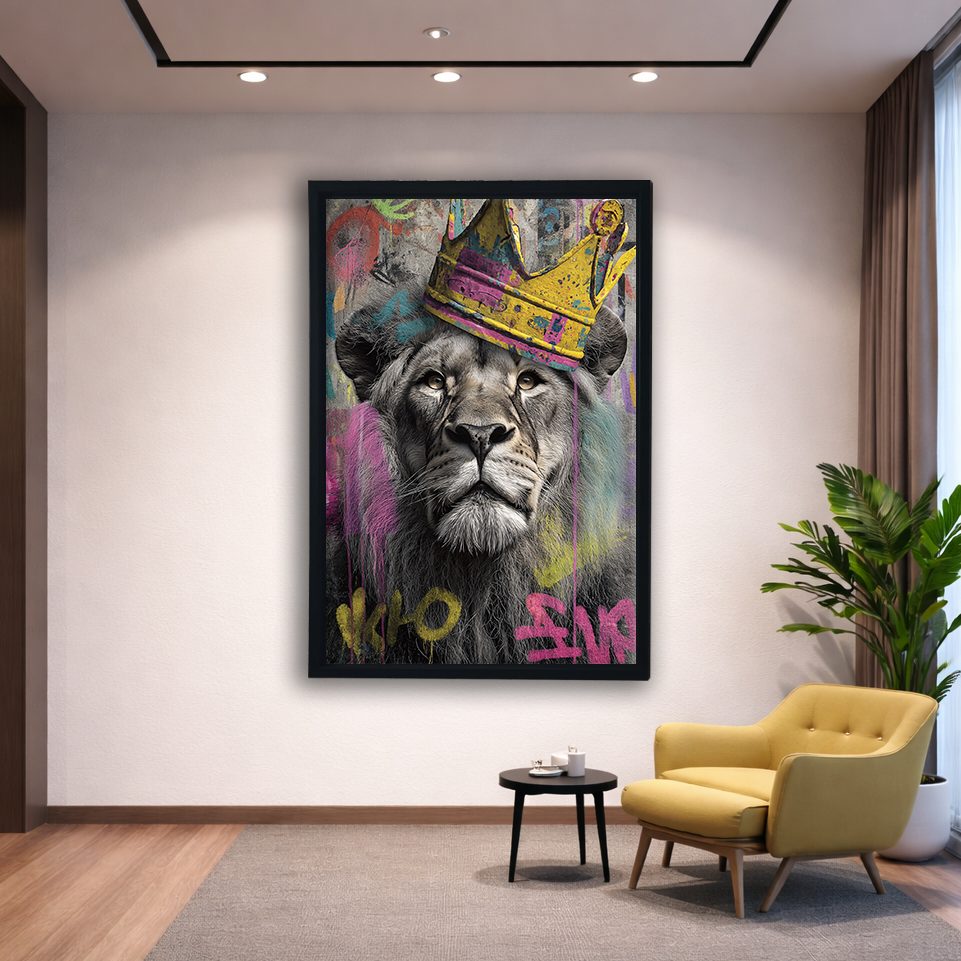 Lion King with Gold Crown Graffiti canvas wall art, black floating frame