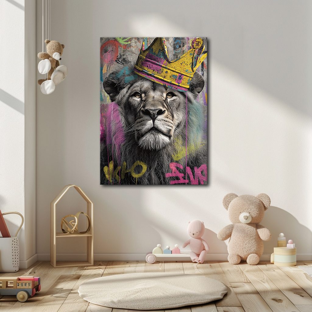 Lion King with Gold Crown Graffiti canvas wall art, unframed canvas
