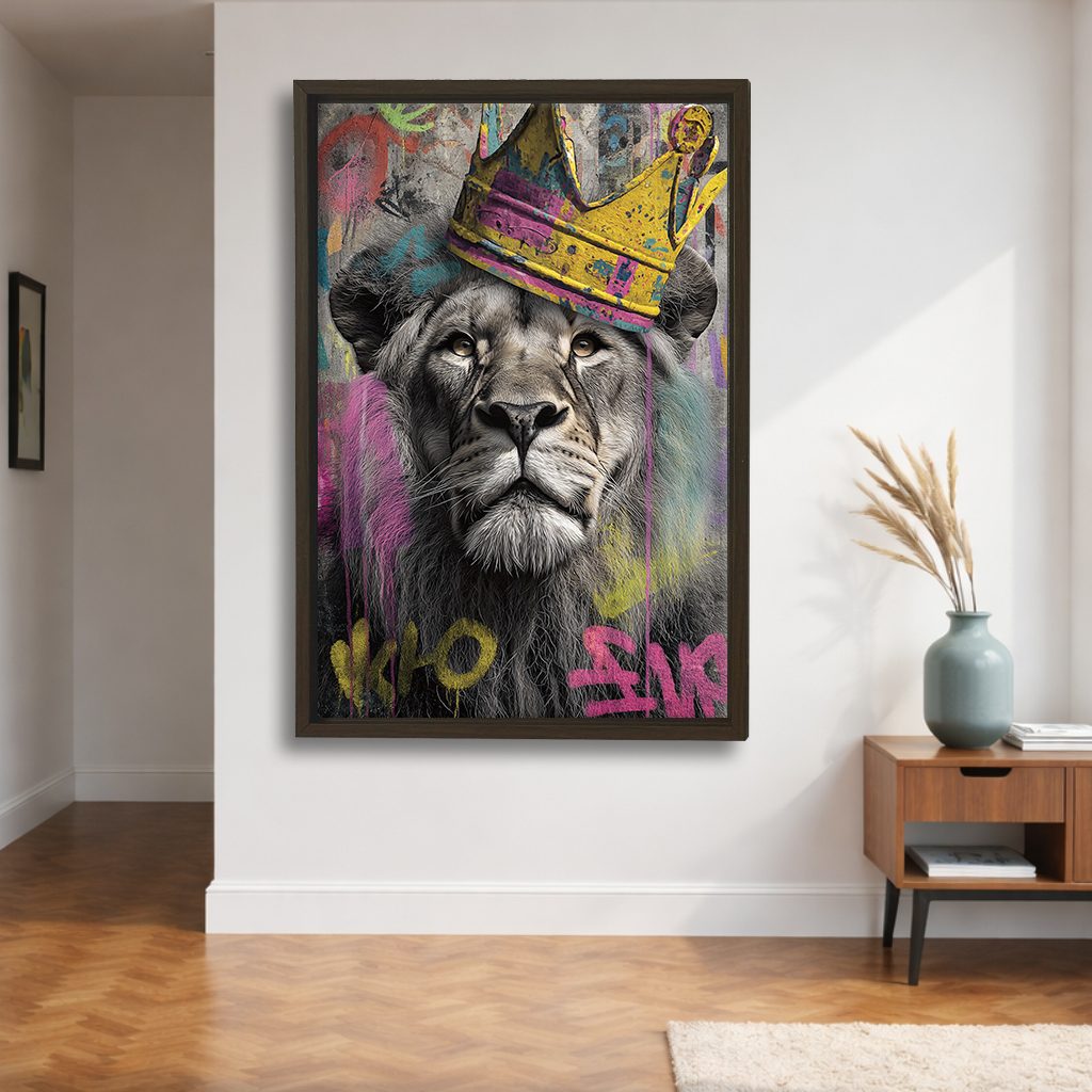 Lion King with Gold Crown Graffiti canvas wall art, walnut floating frame