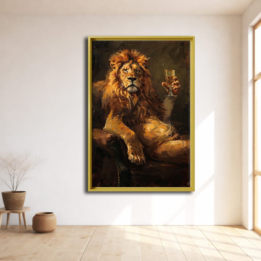 Lion with Champagne Glass canvas wall art, natural wood floating frame