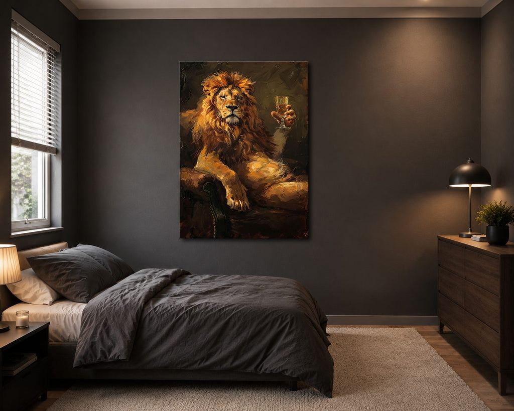 Lion with Champagne Glass canvas wall art, unframed canvas