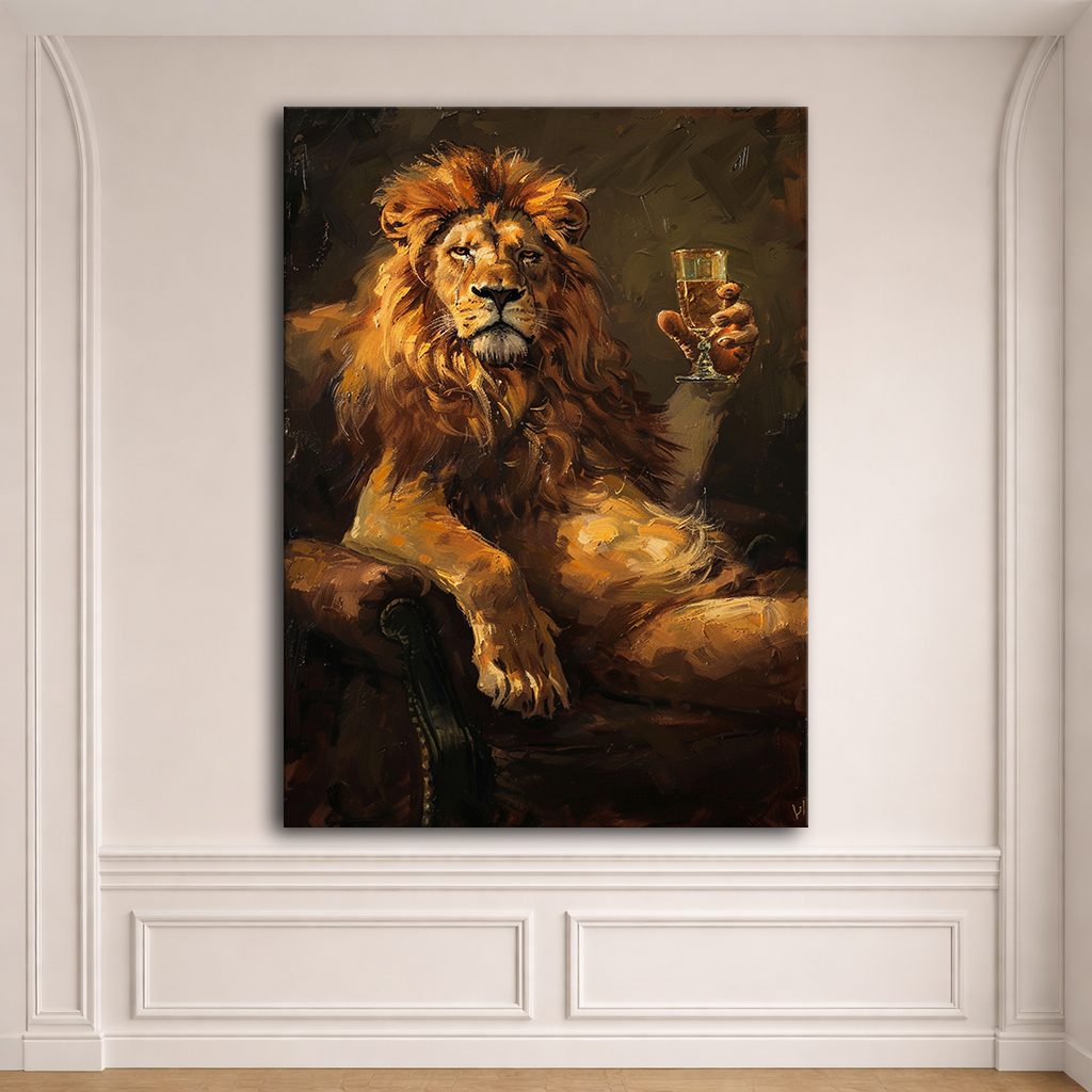 Lion with Champagne Glass canvas wall art, unframed canvas