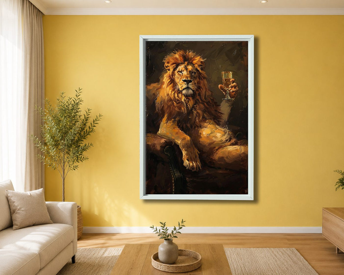 Lion with Champagne Glass canvas wall art, white floating frame