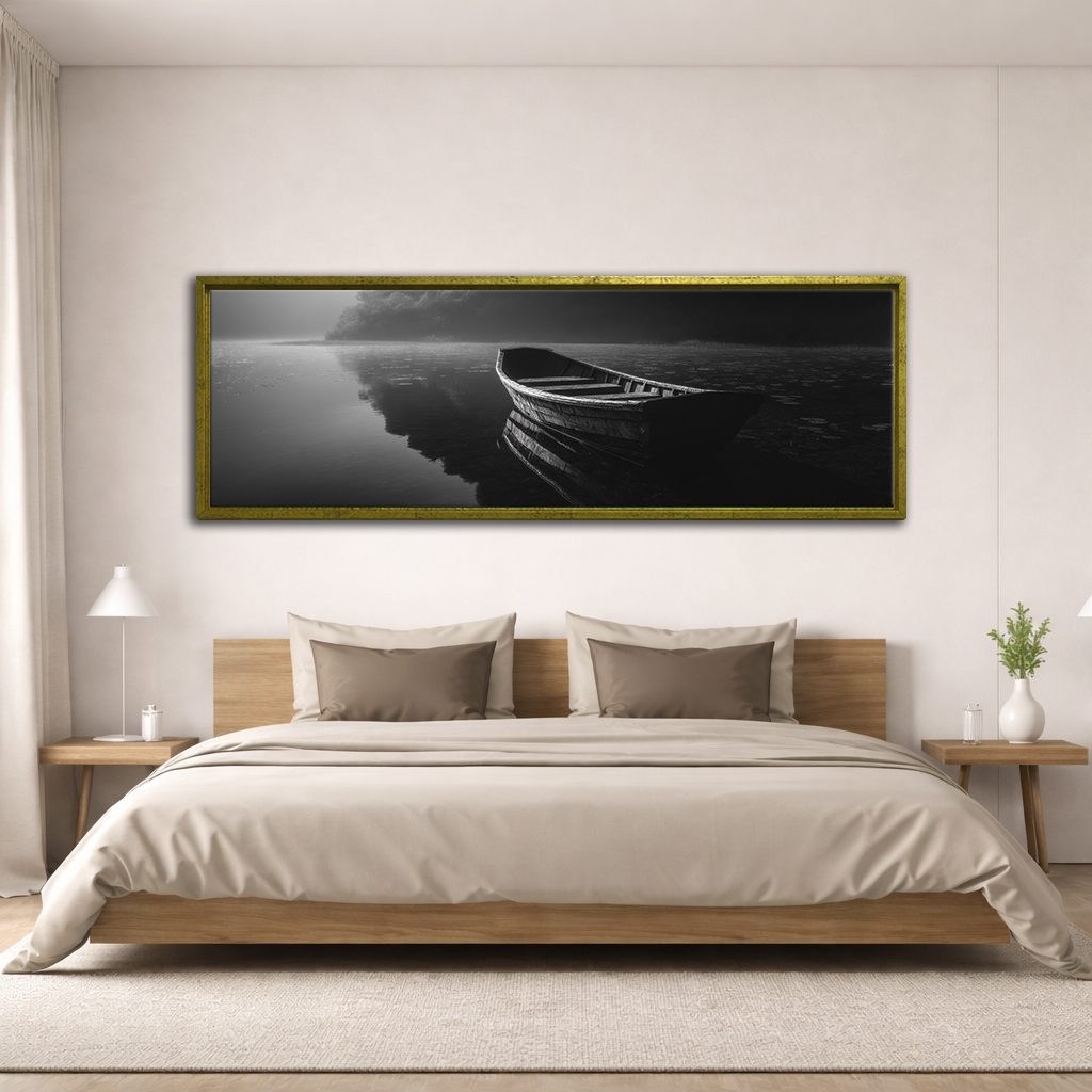 Lone Boat on Dark Lake canvas wall art, antique gold floating frame