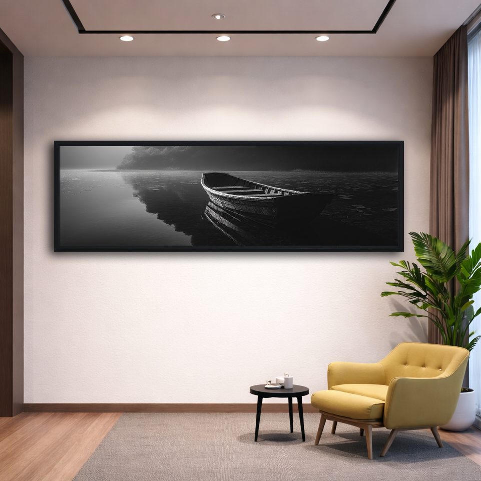 Lone Boat on Dark Lake canvas wall art, black floating frame