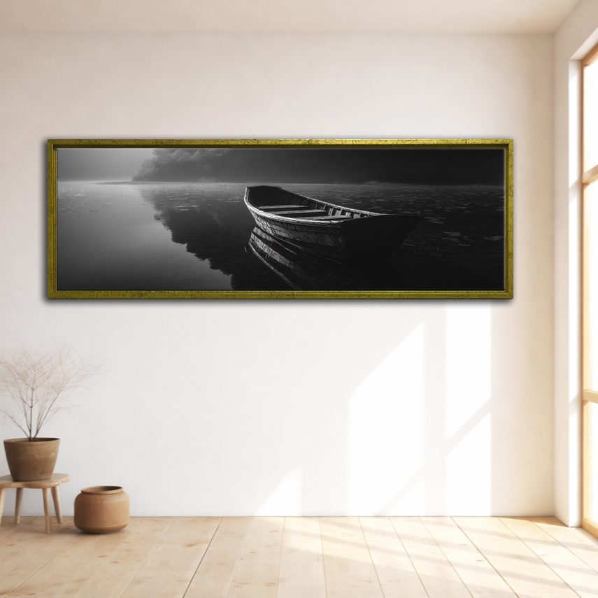 Lone Boat on Dark Lake canvas wall art, gold floating frame