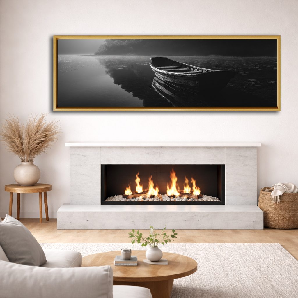 Lone Boat on Dark Lake canvas wall art, natural wood floating frame
