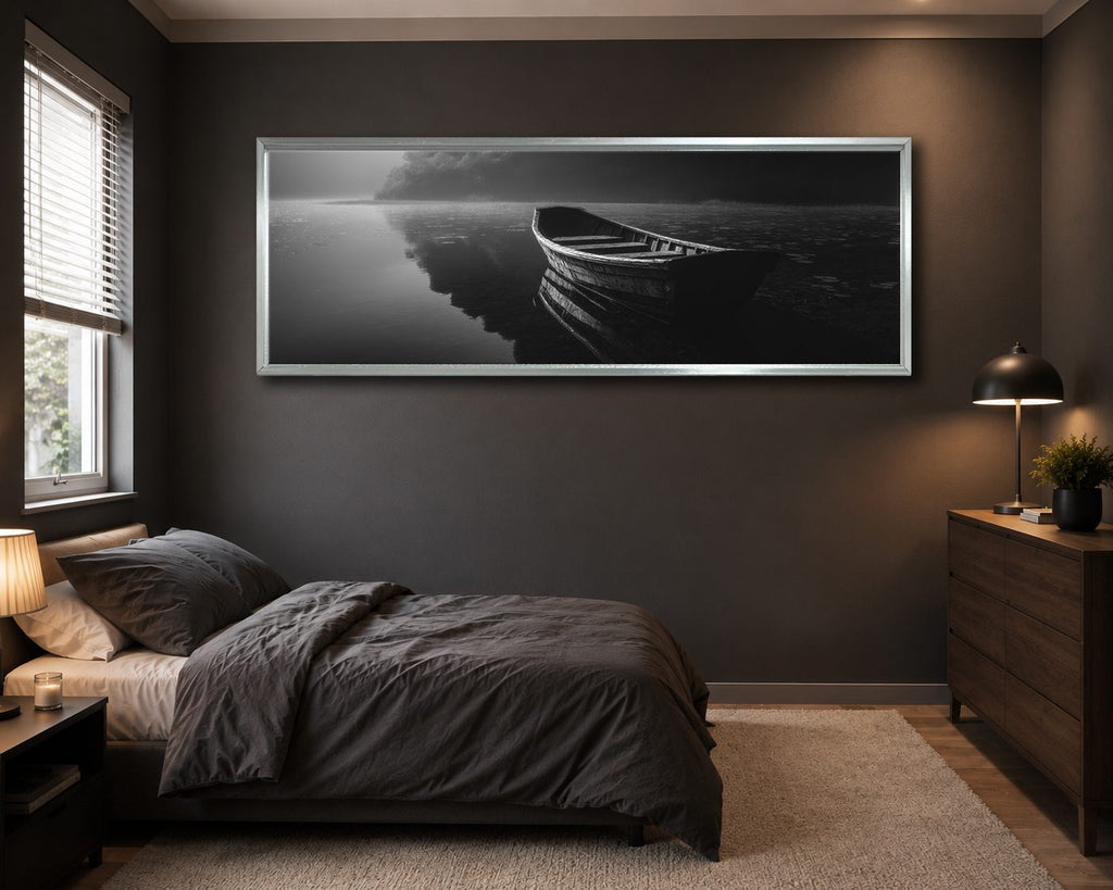 Lone Boat on Dark Lake canvas wall art, silver floating frame