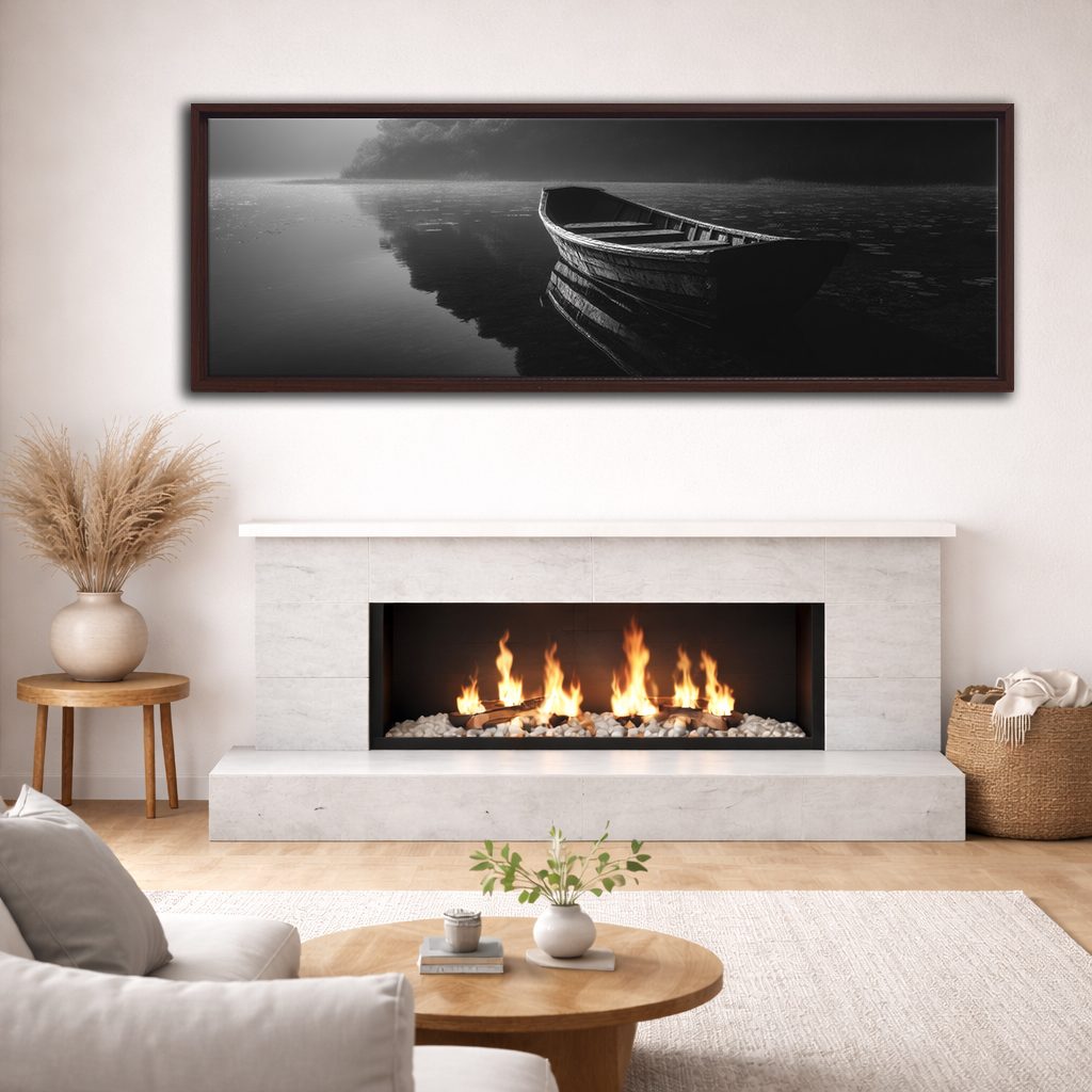 Lone Boat on Dark Lake canvas wall art, walnut floating frame