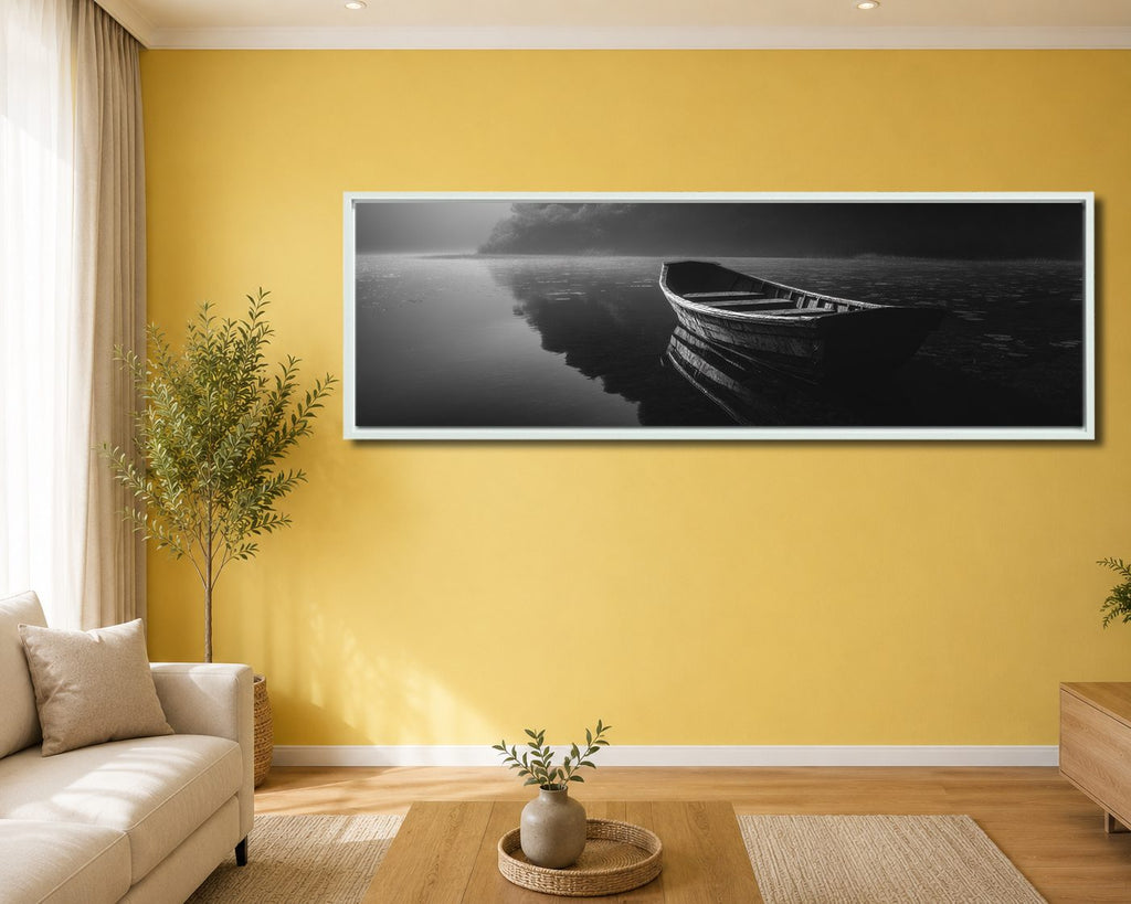 Lone Boat on Dark Lake canvas wall art, white floating frame