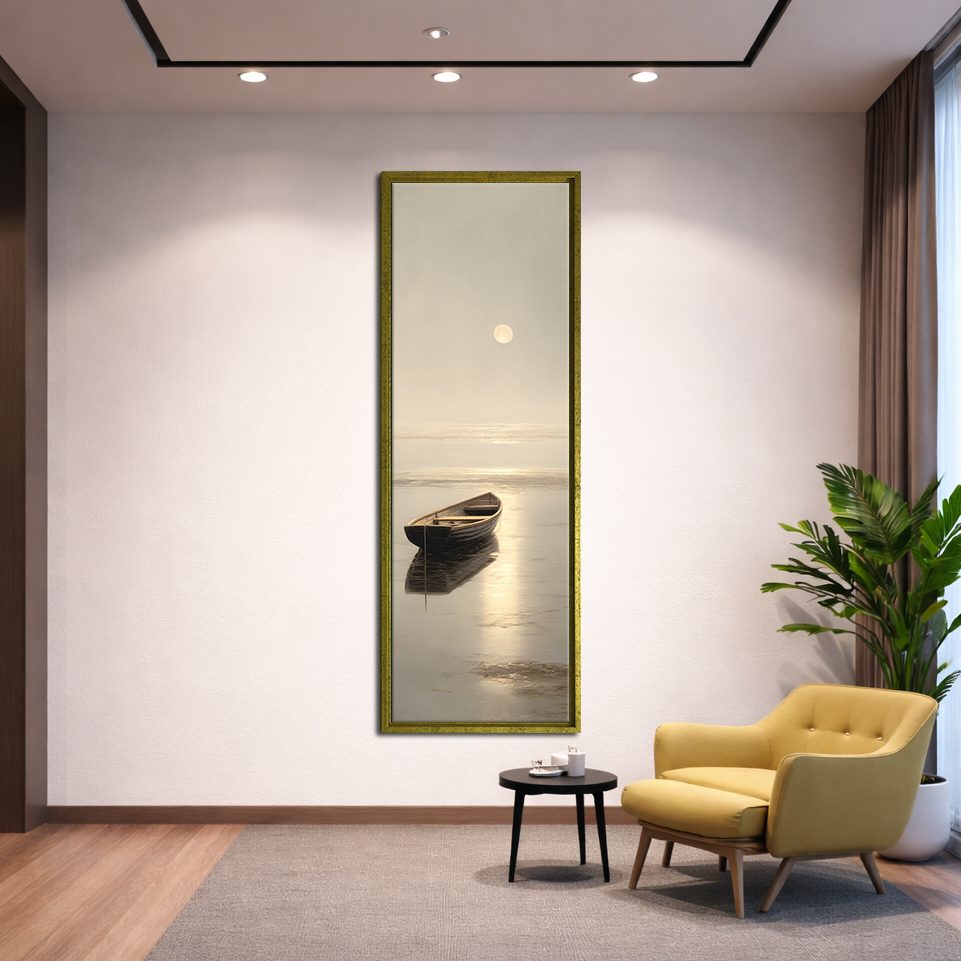 Lone Rowboat on Calm Moonlit Water canvas wall art, gold floating frame