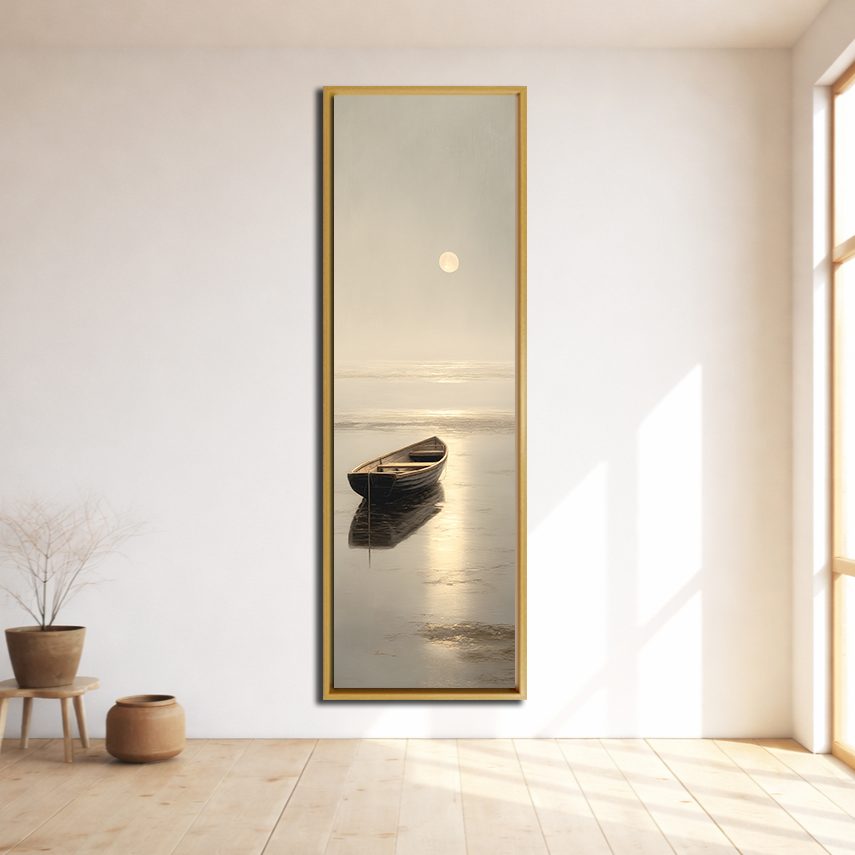Lone Rowboat on Calm Moonlit Water canvas wall art, natural wood floating frame