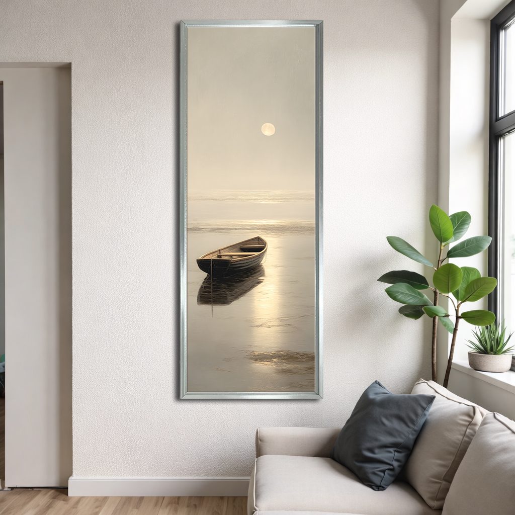 Lone Rowboat on Calm Moonlit Water canvas wall art, silver floating frame