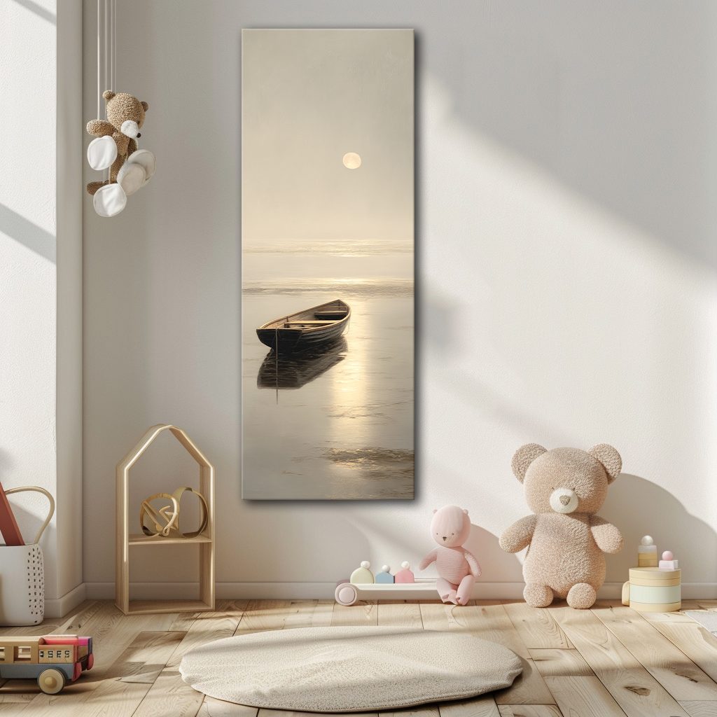 Lone Rowboat on Calm Moonlit Water canvas wall art, unframed canvas