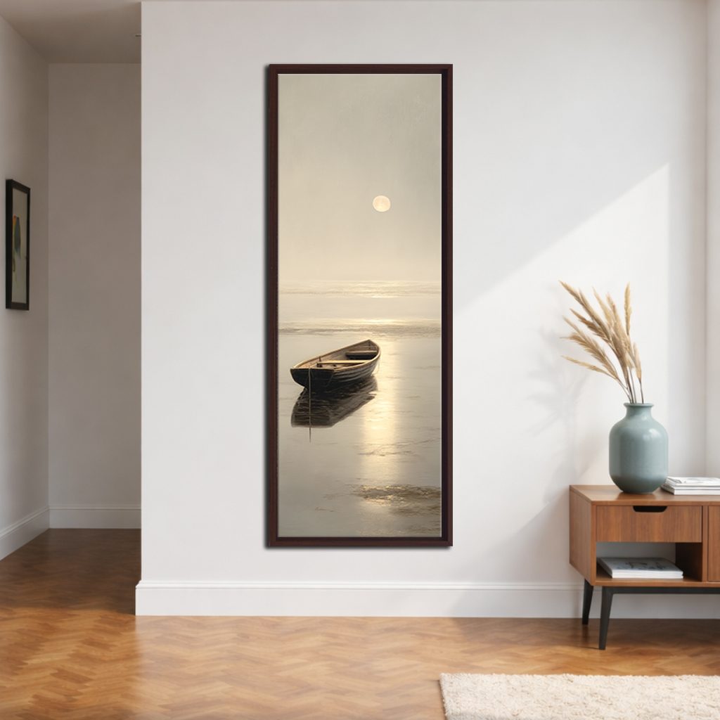 Lone Rowboat on Calm Moonlit Water canvas wall art, walnut floating frame