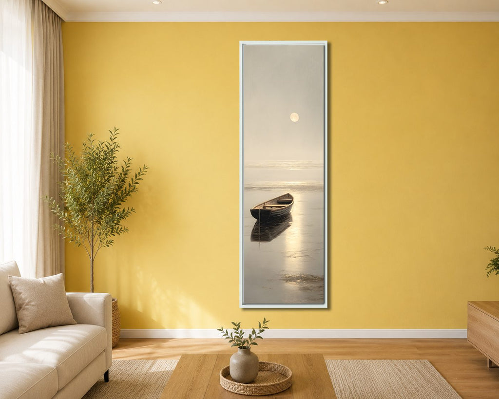 Lone Rowboat on Calm Moonlit Water canvas wall art, white floating frame