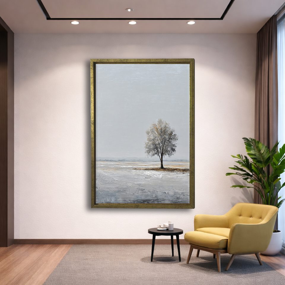Lone Tree Minimalist Landscape canvas wall art, gold floating frame