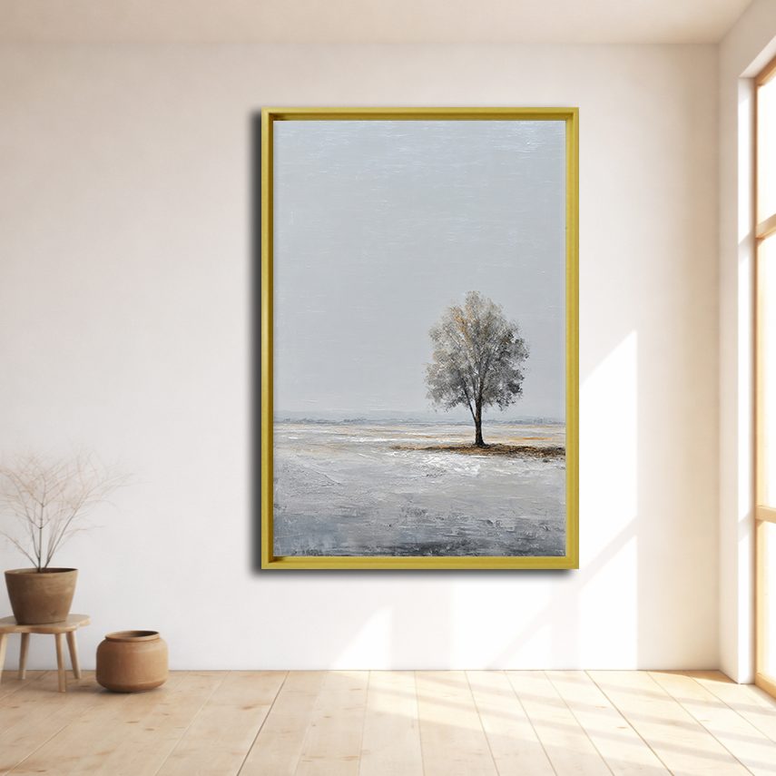 Lone Tree Minimalist Landscape canvas wall art, natural wood floating frame